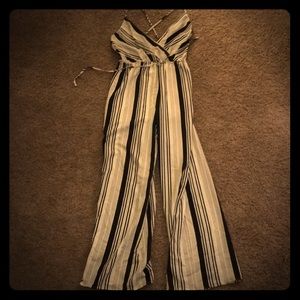 Long black and white striped jumpsuit.